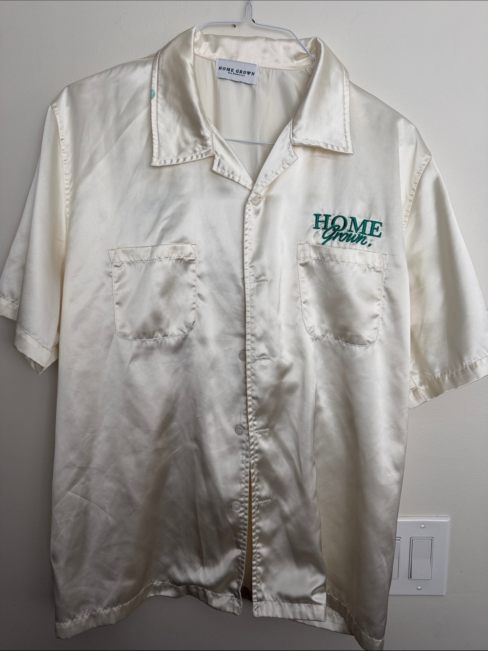 Ivory Satin Short Sleeve Button-Down Shirt